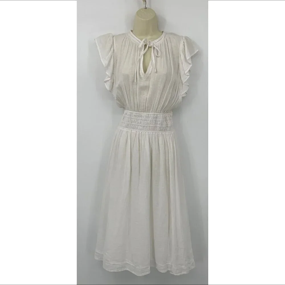 Rails Iona dress midi white lace eyelet linen floaty tie bow cottagecore new M